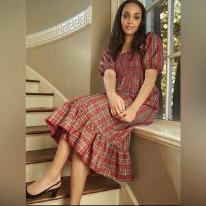 Bailey Harrison Red Plaid MIDI Puffer Sleeve Holiday Dress Size Medium